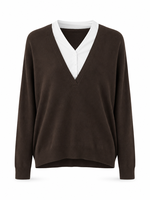 Pull en tricot pour femme, style coréen, effet deux pièces, couleur unie, col en V, collection automne/hiver, style preppy, polyvalent, minimaliste, pour le travail
