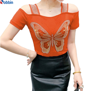 T-shirt noir à épaules dénudées pour femme, orné de paillettes et de strass, motif papillon, manches courtes, coupe ajustée, pour le printemps et l'été, tenue décontractée ou de club - Product Image 4