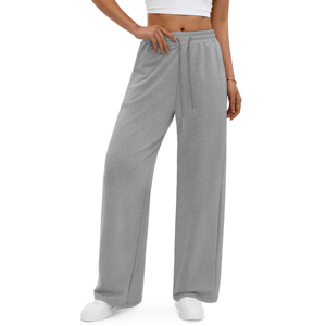 Pantalon cargo gris en molleton à jambe large pour femme, taille haute élastique, fermeture éclair, coupe droite, longueur intégrale, couleur unie, décontracté, pour le travail - Product Image 1