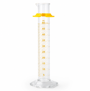 Cylindre gradué transparent de 50 ml en verre scientifique, base hexagonale, à échelle simple, pour usage en laboratoire, prix de gros, fabriqué en Inde - Product Image 1