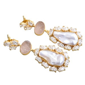 Premium Brass <b>Cluster</b> Earrings Gold Plated Zircon Raw Natural Stone Design High Polish Gold Plated Nickel Free Durable - Product Image 4