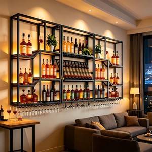 Walnut Wood Asymmetrical Wine Rack Floating <b>Shelf</b> with LED - Wholesale - Product Image 2