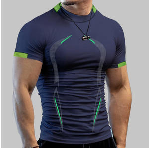 T-shirt blanc ajusté à manches courtes pour homme avec accents bleus, respirant, anti-humidité, séchage rapide, col rond, haut de sport - Product Image 5