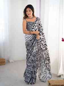 Sari moderne réversible à imprimé zèbre avec motif abstrait en polyester pour femme, tenue de soirée, longueur au sol, coupe classique - Product Image 2