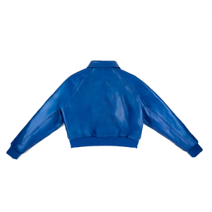 Chaqueta Bomber Unisex Azul de Lana Teñida Casual Estilo Universitario con Cremallera, Puños y Dobladillo Acanalados, Prenda Exterior Premium Elegante - Product Image 4