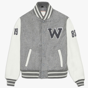 Chaqueta Varsity Gris para Hombre, Estilo Preppy, Lana y Acrílico, Letra W Bordada en la Parte Delantera, Cuello Camisero, Corte Regular, Otoño - Product Image 1