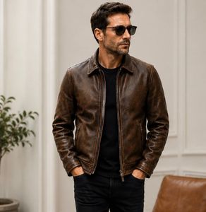 Men's <b>Brown</b> Genuine <b>Leather</b> Double Breasted <b>Jacket</b> Turn-down Collar Casual Autumn Wear - Product Image 4