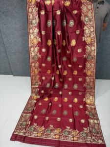 <b>Purple</b> Silk <b>Saree</b> With Gold Floral Embroidery Traditional Wedding Party Wear For Women India Pakistan Style - Product Image 2