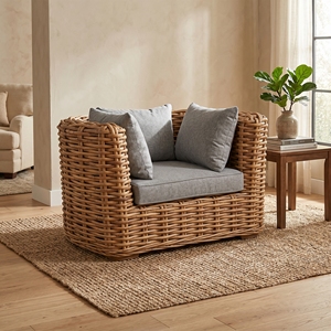 Fauteuil Surabaya en bois d'acajou avec cadre en rotin demi-tressé, coussins gris clair poli Dhapnie, fauteuil de jardin haut de gamme pour l'extérieur - Product Image 4