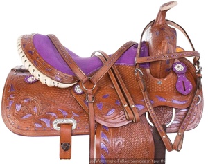 Juego de monturas de cuero occidental marrón de primera calidad, tachuela de caballo de carreras de barril mecanizada a mano con características talladas cómodas, árbol de madera y plástico - Product Image 2