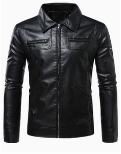 <b>Men's</b> Black Cowhide <b>Leather</b> Bomber <b>Jacket</b> Turn-down Collar Zipper Closure Slim Fit Regular Length Solid Color Winter Wear - Product Image 6