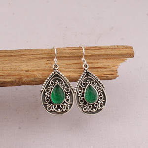 Boucles d'oreilles pendantes vintage en argent sterling 925 avec onyx vert et filigrane, pour mariage, fiançailles et cadeau - Bijoux unisexe de Jaipur - Product Image 5