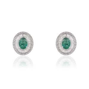 Classic Design Bridesmaid Gift <b>Emerald</b> & Diamond 14K Real White Gold Double Cluster <b>Stud</b> <b>Earrings</b> Wedding Party Wear Jewelry - Product Image 1