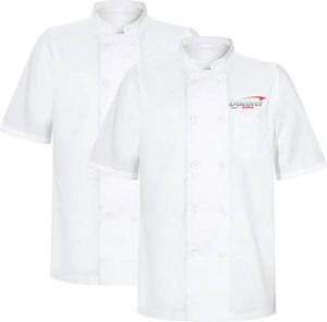 เสื้อเชฟแขนสั้น Discover Impex ผ้าโพลีเอสเตอร์ผสมคอตตอน ยูนิเซ็กซ์ สำหรับร้านอาหาร พิมพ์ลายแบบรีดร้อน ติดกระดุม ผ้าทอ - Product Image 1