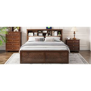 Letto King-Size con Piattaforma in Legno Anticato, Testiera Multi-Scomparto e Cassetti con Porte USB - Product Image 3