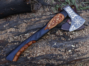 LEGACY BLADES Hacha industrial hecha a mano con espiga plana, hoja de acero de alto carbono, mango de madera grabado, funda de cuero, para exteriores - Product Image 6