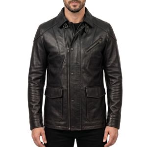 Charcoal Black Premium <b>Leather</b> <b>Jackets</b> Field Coat Vintage Finished Turn Down Collar Chest Pockets <b>Long</b> Line Relaxed <b>Jackets</b> - Product Image 1