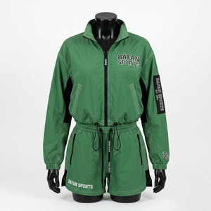 Conjunto corto cortavientos de poliéster y nailon premium para mujer, diseño de paneles en bloques de color, forro suave, logotipo bordado personalizado, talla grande - Product Image 3