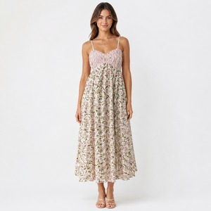 Women Floral Woven Cotton Midi Dress with Ruffles Smocked Bodice <b>Spaghetti</b> <b>Strap</b> Sleeveless Summer Resort Wear - Product Image 1