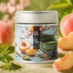 Matcha au goût frais et fruité, matcha japonais premium non sucré aromatisé à la pêche, poudre de matcha |   Sans sucre ajouté |   Boissons au matcha - Product Image 1