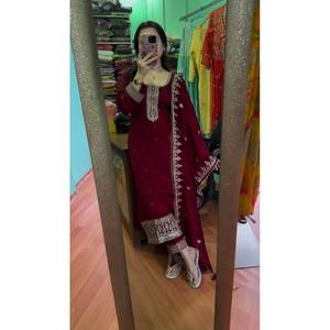 SRK Beautiful <b>Maroon</b> Silk Salwar Kameez with Embroidered <b>Top</b>-Bottom and Dupatta for Weddings Size XL - Product Image 2