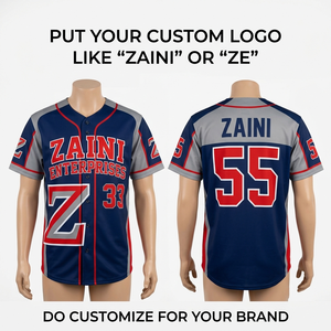 Maillot de baseball personnalisé en polyester 180 GSM, design à panneaux bleu marine, gris et rouge, sublimation, broderie, impression par transfert thermique - Product Image 1