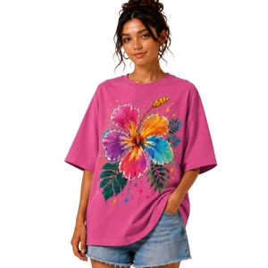 Camiseta Rosa Extra Grande para Mujer con Estampado Gráfico de Flores de Hibisco Coloridas, Camiseta Casual de Algodón para Verano, Personalizada OEM ODM al por Mayor - Product Image 1