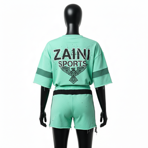 Conjunto de camiseta y pantalones cortos para mujer, algodón premium French Terry 260 GSM, tacto suave, panel en contraste, estampado serigrafiado, logotipo personalizado, conjuntos para mujer - Product Image 2