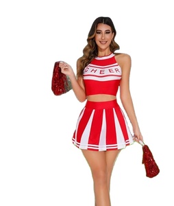 Uniforme de cheerleading pour femmes adultes, bleu et blanc, deux pièces, haut halter et jupe rayée, imprimé, avec strass - Product Image 4