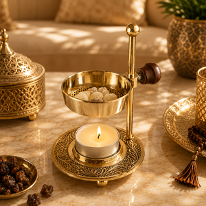 Antique Gold Finished Brass <b>Bakhoor</b> Burner Set With Tray & Tong Arabic <b>Oud</b> Incense Holder for Home Fragrance Ramadan Eid Gift - Product Image 6