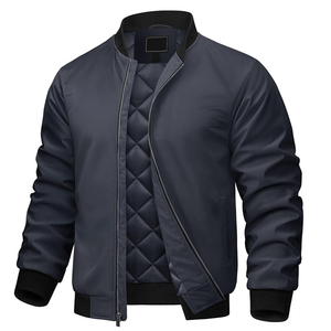 Blouson bomber bleu marine pour homme, col montant, couleur unie, polyester, coupe-vent, décontracté, automne, coupe régulière, fermeture éclair - Product Image 1
