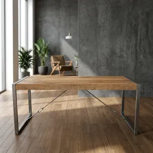 Table à manger rustique en bois avec structure en fer noir, pieds en métal industriels, mobilier de salle à manger moderne style ferme - Product Image 6