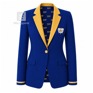 Blazer personnalisé de la sororité Sigma Gamma Rho, logo brodé bleu et or, doublure en polyester avec logo répété imprimé pour femme - Product Image 1