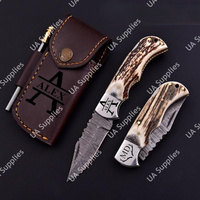 Meilleur couteau utilitaire pliant de qualité industrielle Damas, forgé à la main, motif torsadé, manche en corne de cerf, ouverture coulissante, pointe tombante, OEM