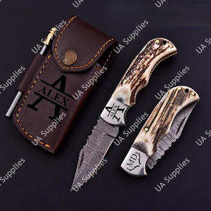 Mejor Cuchillo Plegable de Damasco Forjado a Mano con Patrón Retorcido y Mango de Cuerno de Ciervo, Plegable para Supervivencia, Caza, Camping, EDC - Product Image 5