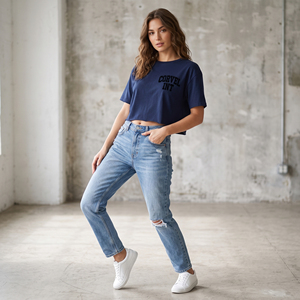 Chemise pour femme bleu nuit, tissu de haute qualité, impression sur écran, haut court, impression personnalisée, coupe ample, toutes saisons, t-shirt en coton - Product Image 4