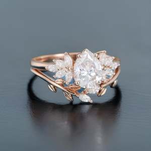 Pear Shaped Moissanite Engagement Ring Set Vintage 925 Sterling Silver 14K Rose <b>Gold</b> Plated Cluster Art Deco Ring - Product Image 2