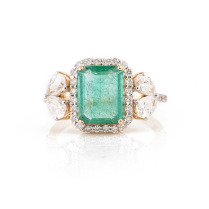 18K White <b>Gold</b> Oval Emerald Diamond Halo <b>Cocktail</b> <b>Ring</b> Resizable - Product Image 2