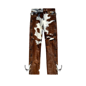 Pantalones de Cuero Genuino con Pelo de Vaca para Hombre |   Pantalones de Cuero Hechos a Mano con Estampado de Vaca Marrón y Blanco |   Moda Vaquera del Oeste - Product Image 1