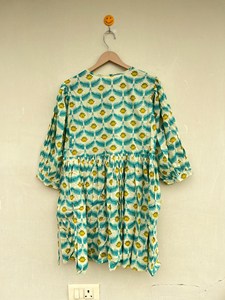 Robe midi en coton à imprimé floral bohème pour femmes, à col noué, manches bouffantes, coupe ample, robe décontractée d'été - Product Image 3