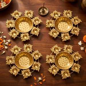 Golden Steel Handmade Diya Holder with Floral Design Circular Oil <b>Lamp</b> Stand for Ritual Use Antique Ramadan - Product Image 3