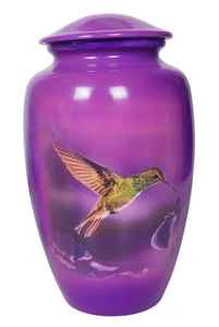Elegante urna de cremación roja con diseño de colibrí y flor de iris, con bolsa de terciopelo para cenizas de adultos. - Product Image 5