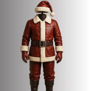 Unisex Red Genuine Leather Santa Claus <b>Costume</b> Jacket <b>Sheep</b> Fur Trim Belted Full Sleeve Winter Outerwear <b>Adult</b> Size In-Stock - Product Image 1