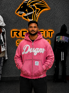 Sweat-shirt à capuche rose personnalisé pour homme avec fermeture éclair, imprimé pailleté et strass, style streetwear, coupe oversize, idéal pour l'automne - Product Image 1