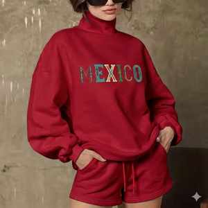 Women Premium <b>Mock</b> <b>Neck</b> <b>Top</b> With Shorts Set Warm Cozy Comfortable Relaxed Fit Stylish Daily Wear Outfit Clothing - Product Image 1