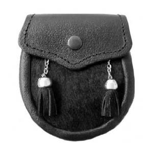 Pochette en cuir noir Sporran à motif écossais en cuir de vachette avec pompons - Product Image 2