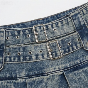 High Waist Denim <b>Mini</b> <b>Skirt</b> Women <b>Pleated</b> Washed Style Adjustable Belted Design All Seasons Wear - Product Image 4