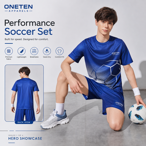 ONETEN APPARELS Conjunto de Fútbol para Hombre, Diseño Geométrico Azul, Secado Rápido, Transpirable, Camiseta Deportiva con Cuello Redondo y Pantalones Cortos para Verano - Product Image 1