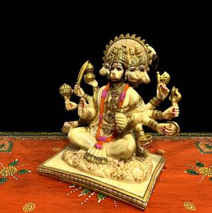 Magnifique statue artisanale en résine blanche Art Déco du Seigneur Panchmukhi Hanuman Ji assis, pour la décoration des temples et les cadeaux. - Product Image 1