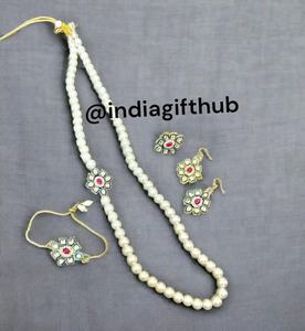 Traditional Rajasthani Handcrafted Kundan and Pearl <b>Necklace</b> Set with Matching Bracelet Earrings and Finger <b>Ring</b> for Women - Product Image 3
